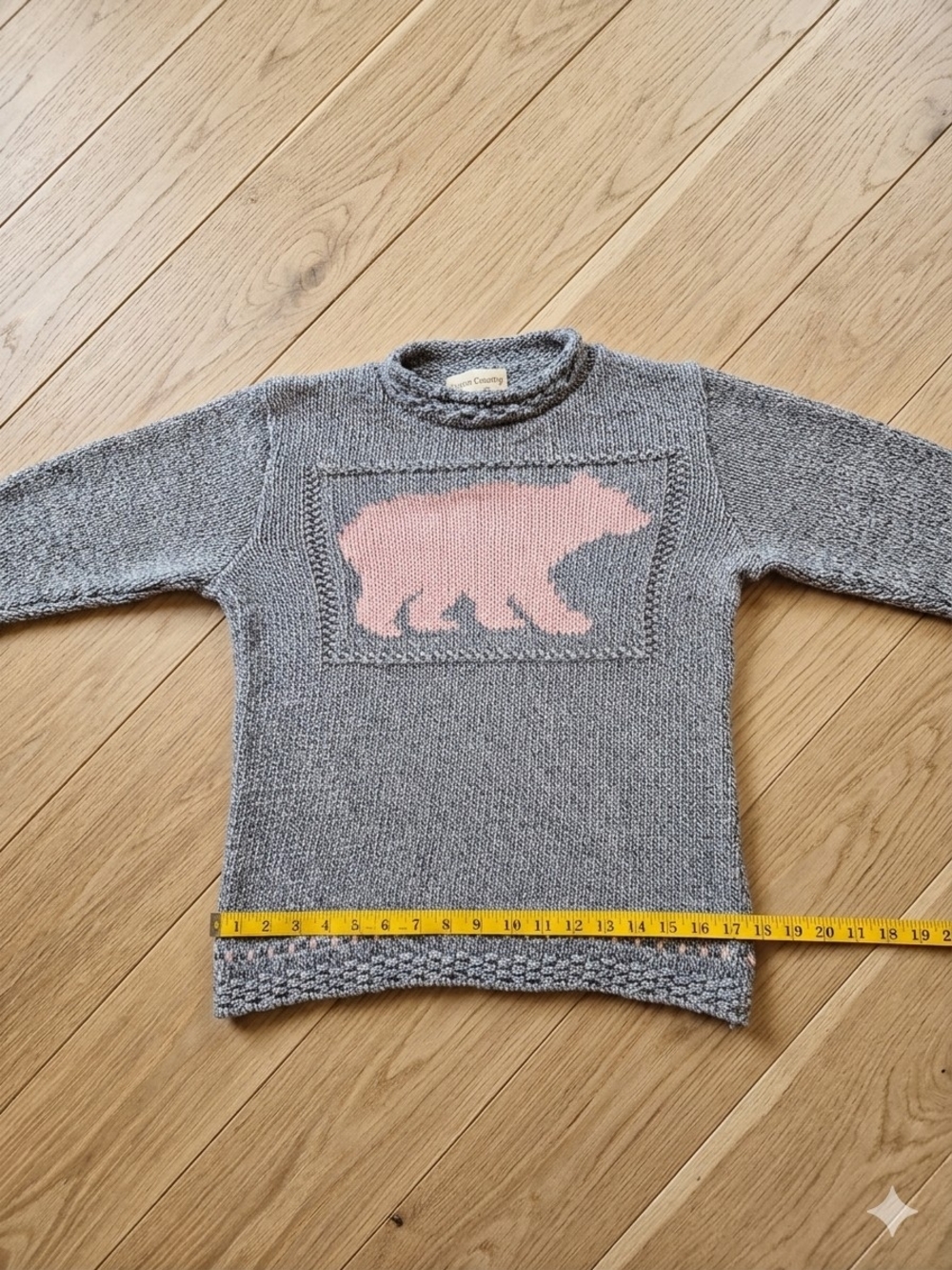 Vintage Cotton Country Gray Knit Sweater with Pink Bear Motif  - Small